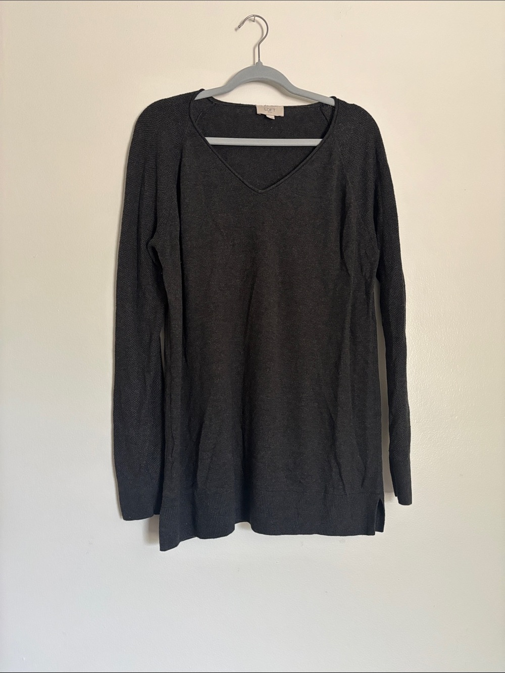 LOFT Charcoal V-Neck Long Sleeve Knit Top